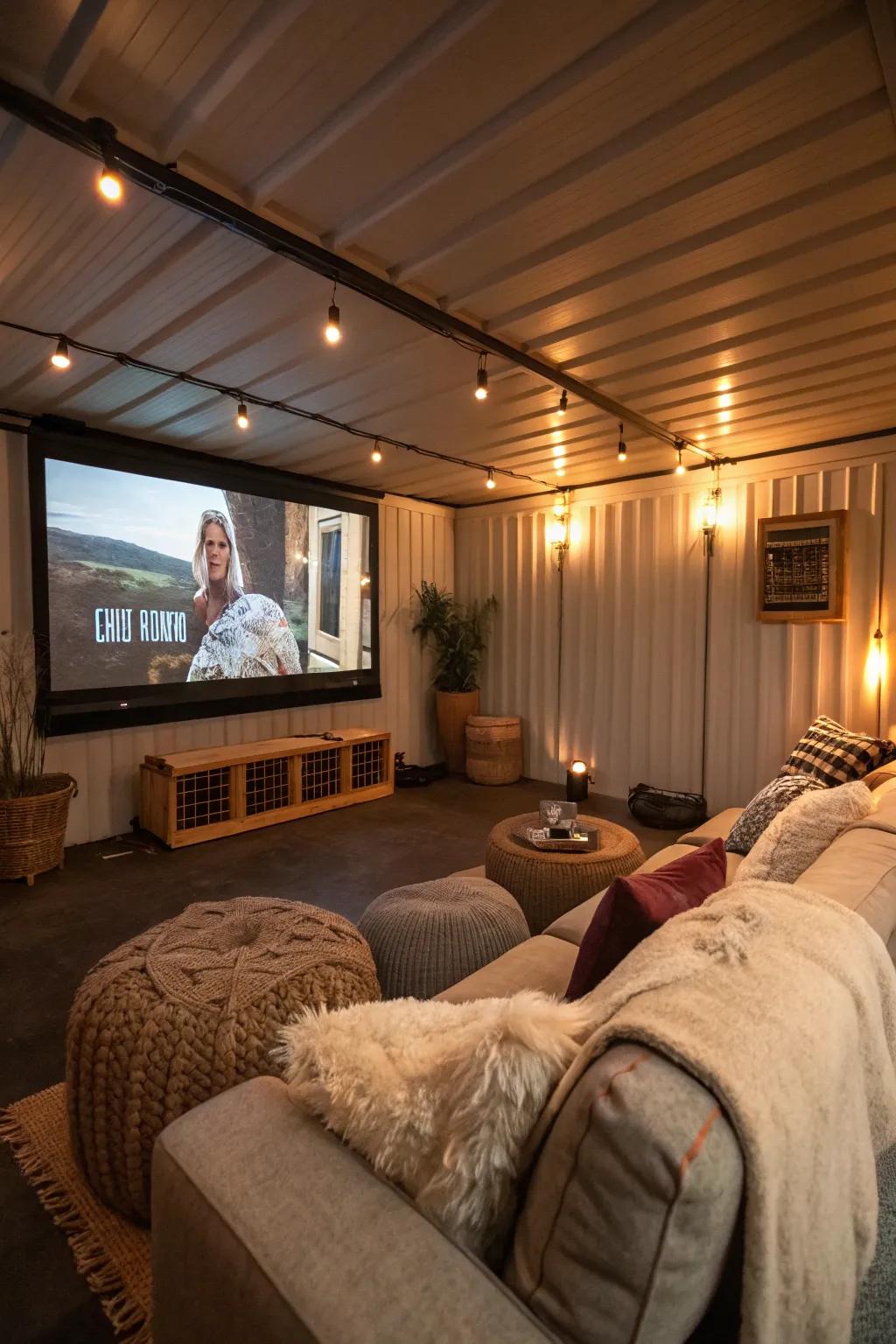 A snug man cave atmosphere ideal for movie nights.