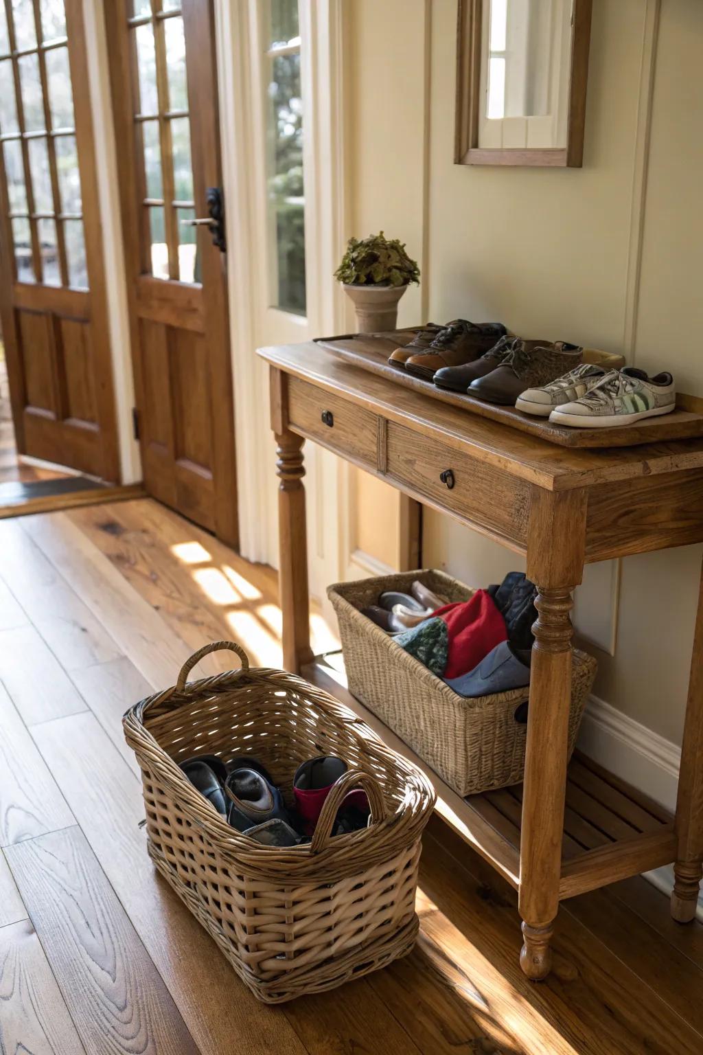Wicker baskets offer a rustic charm and organize shoes with great efficiency.