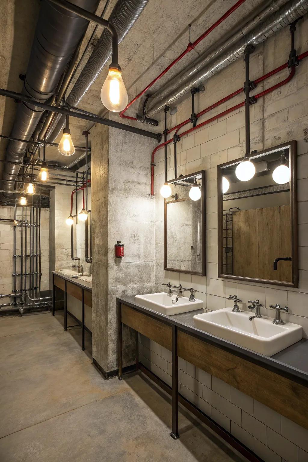 Industrial touches featuring metal pipes and lighting.