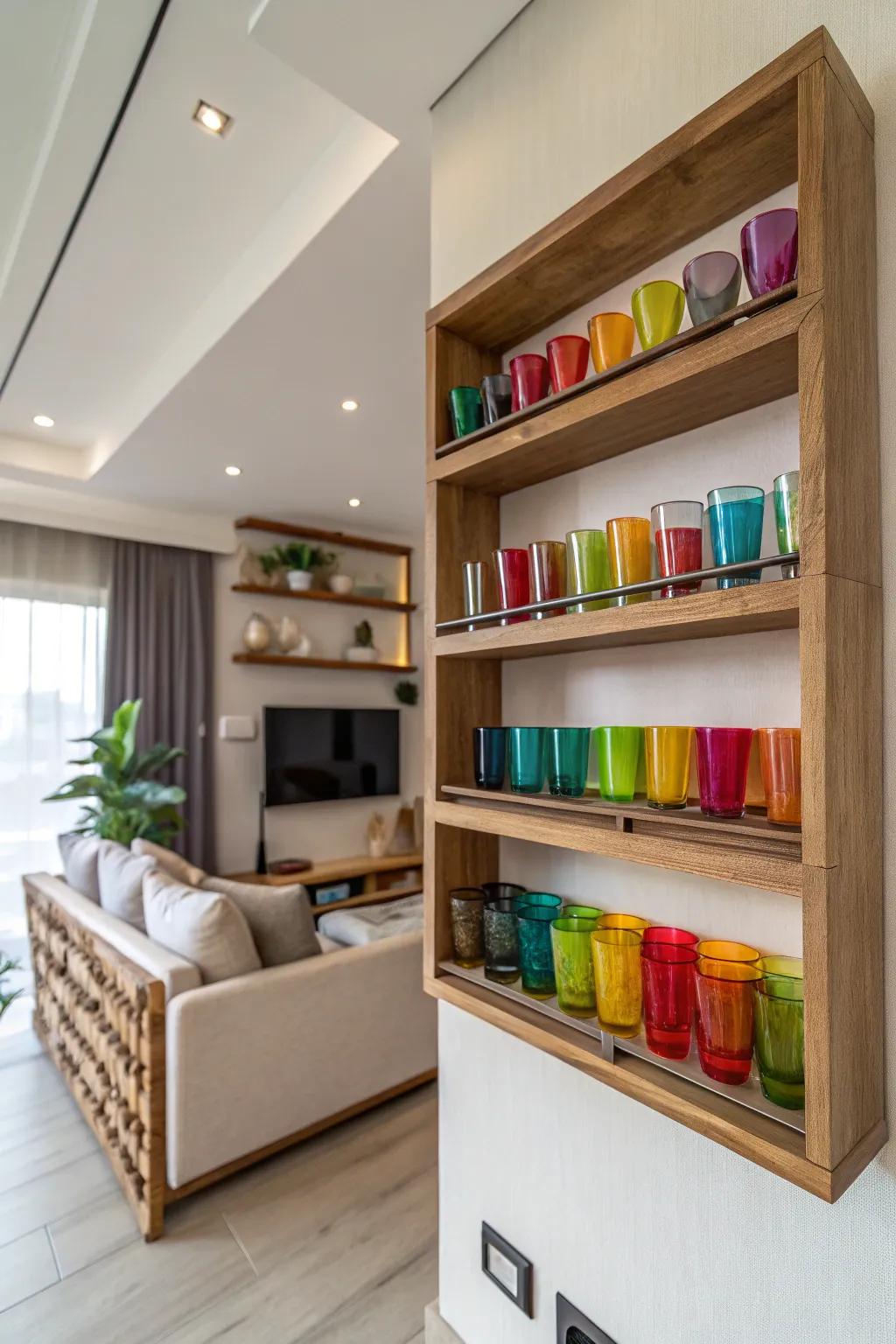 A contemporary living space showcases a wooden shelf mounted on the wall, embellished with vibrantly colored shot glasses.