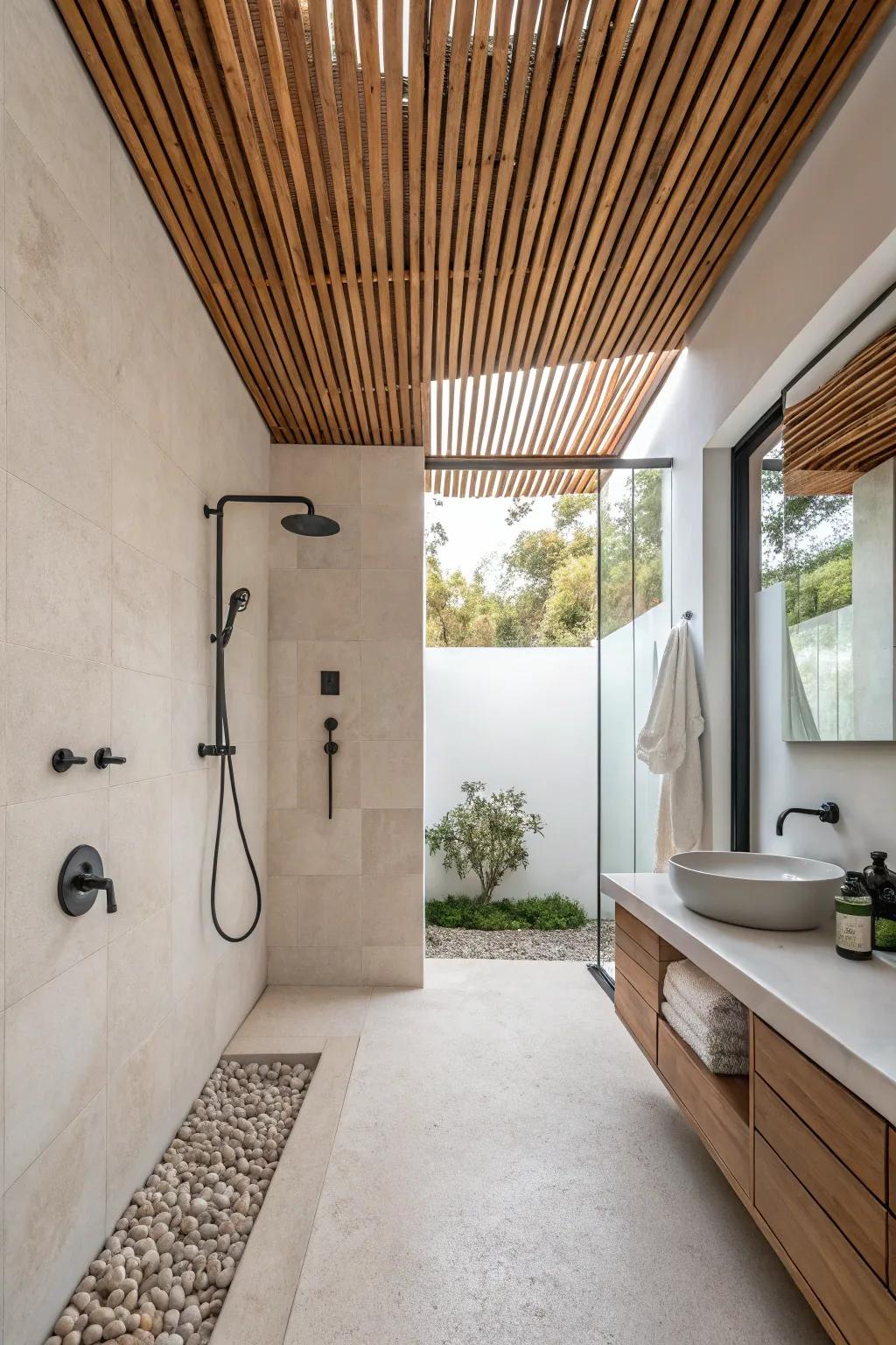 Wood slats bring a cozy charm to any shower space.