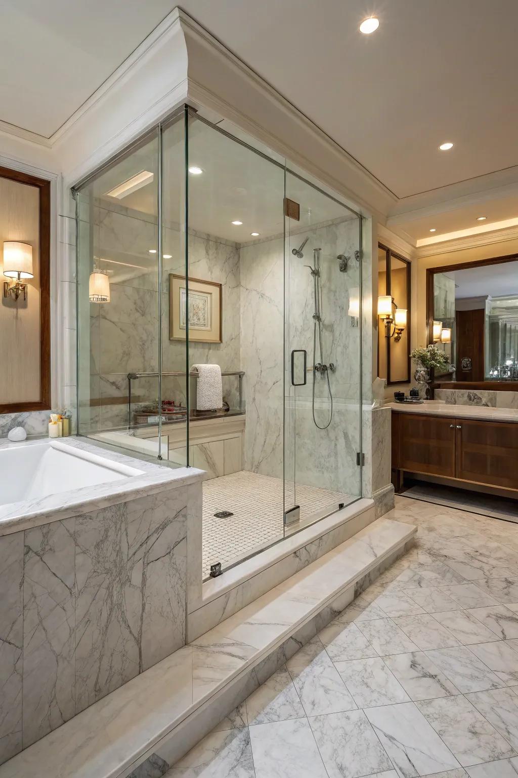 Marble shower curbs lend an air of sophistication and unity to any bathroom design.