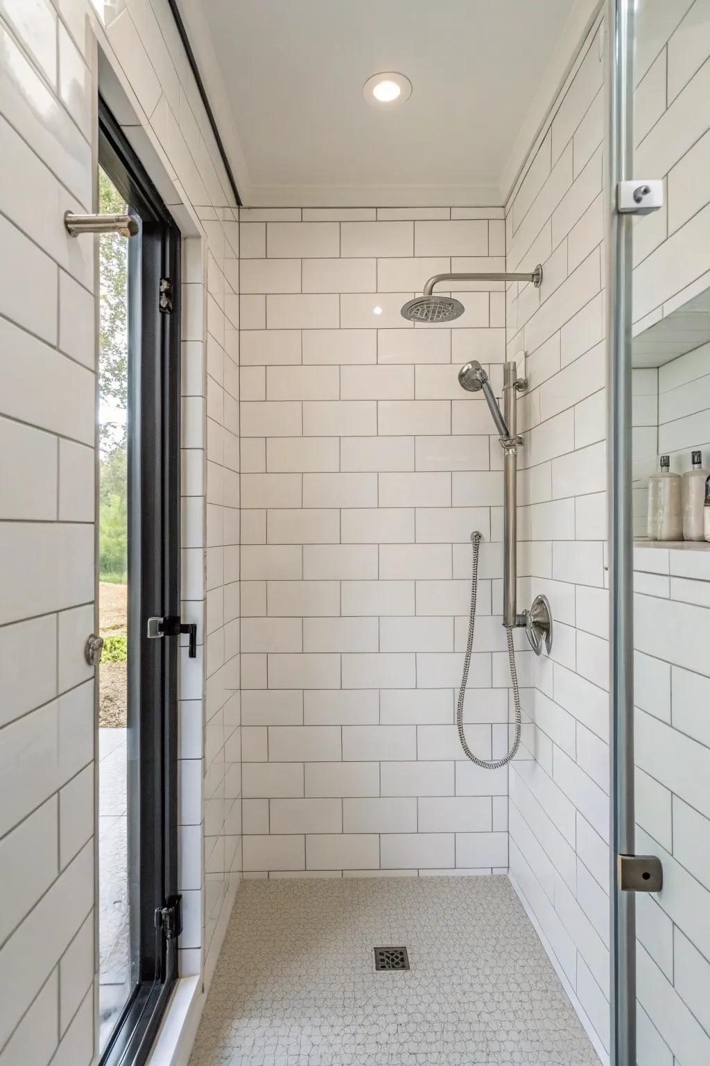 A minimalist shower boasting clean lines and pristine white tiles.