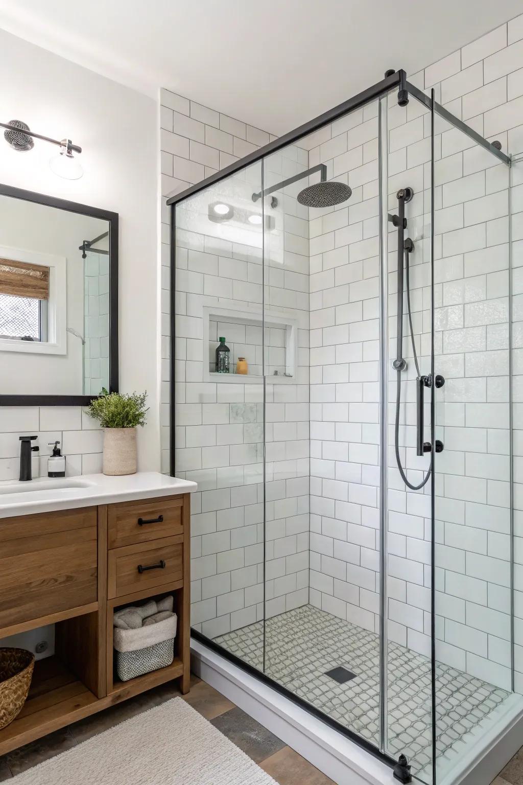 A simple frameless glass shower enhances the aesthetic of this contemporary bathroom.