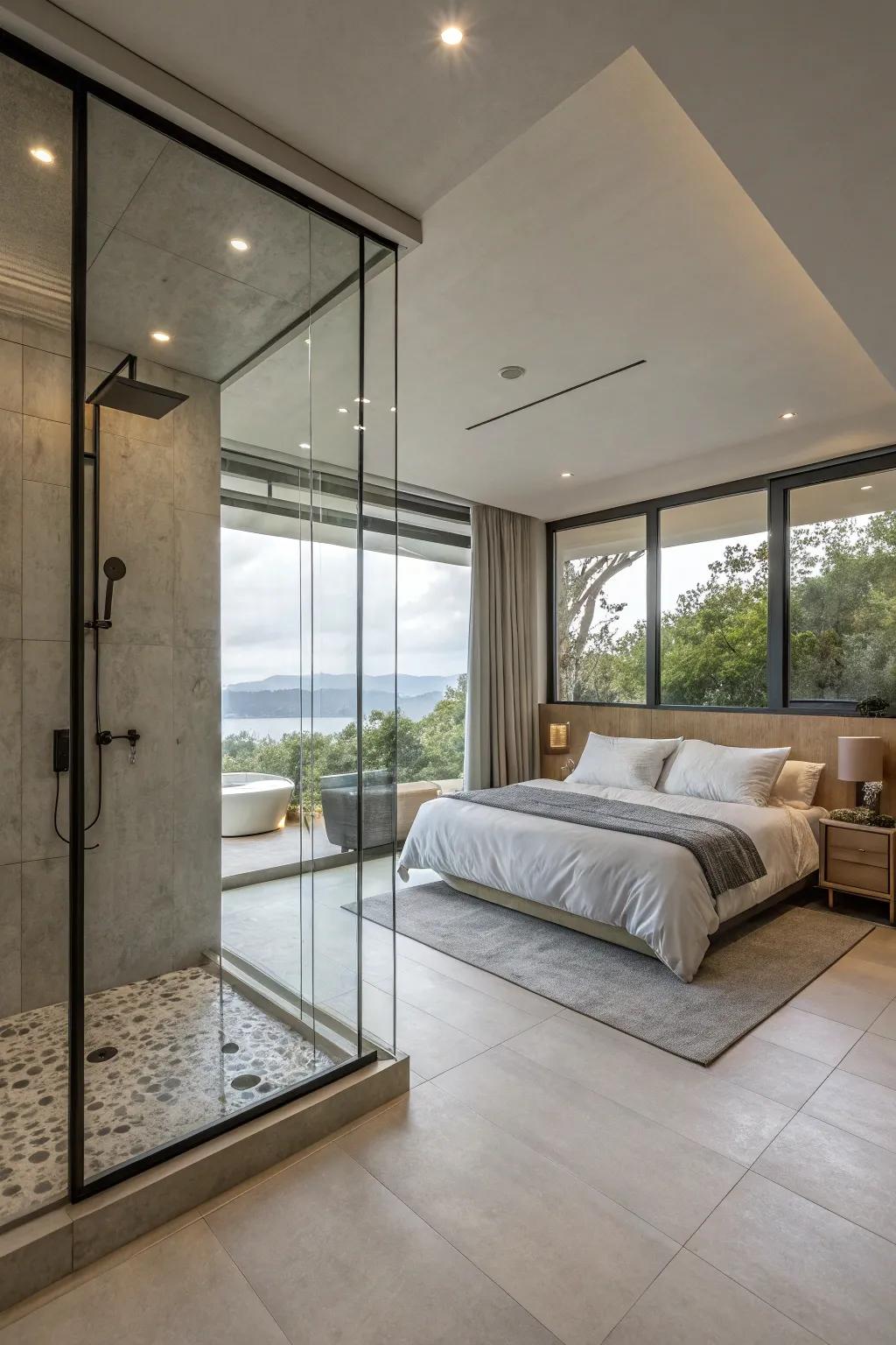 An open-plan shower design incorporated into a bedroom for a fluid and breezy ambiance.
