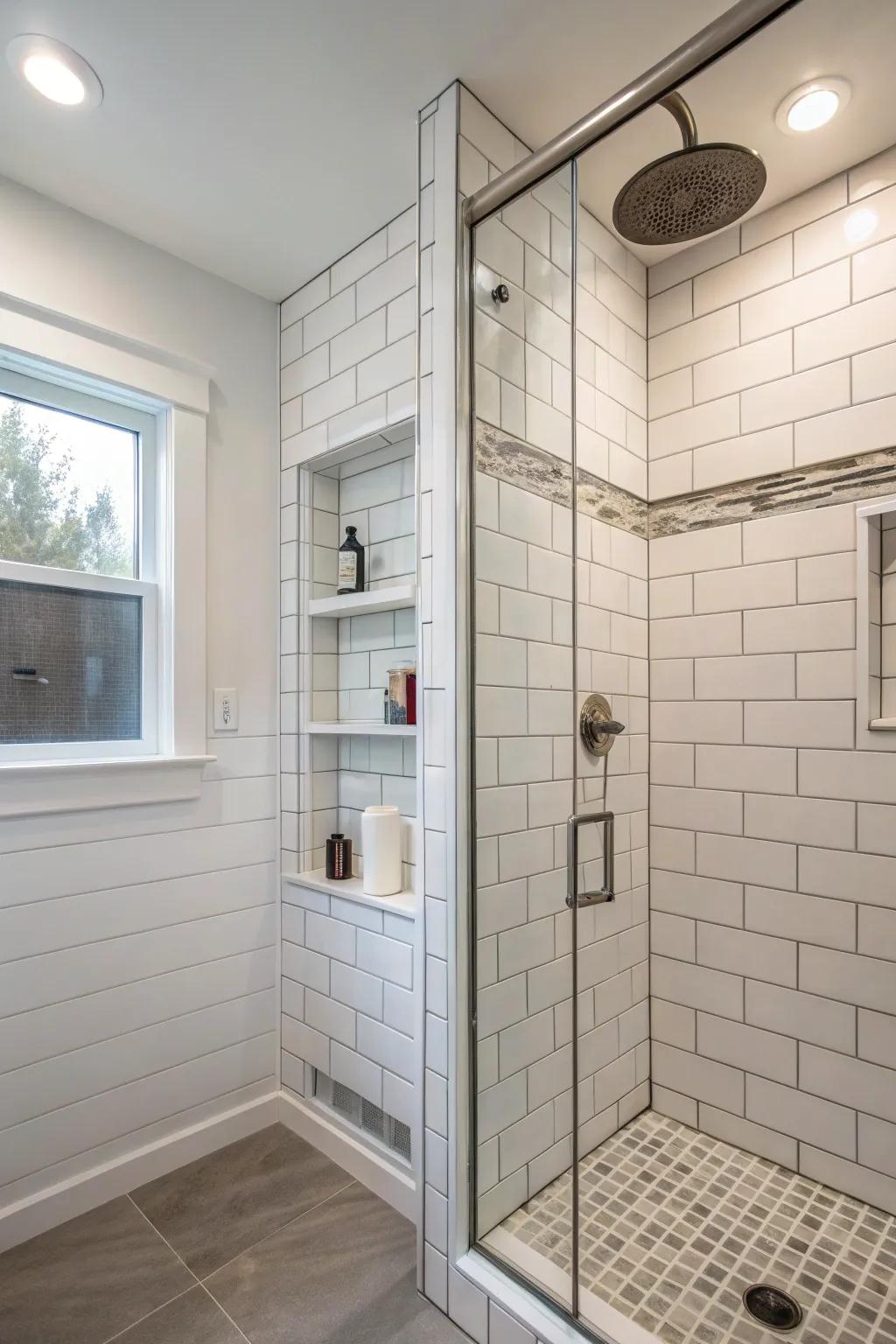 Continuous integration of the shower recess with matching wall coverings