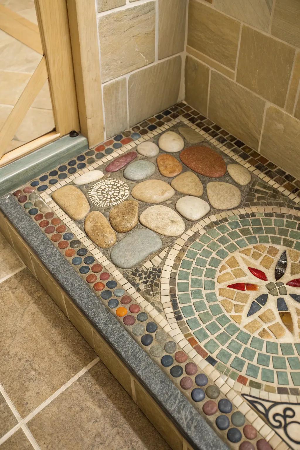 A shower base showcases a combination of detailed mosaics and small stones, delivering a natural and tactile beauty.