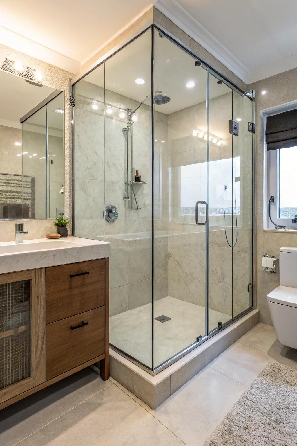 A minimalist, glass-encased shower stall maximizing the sensation of roominess in the bathroom.