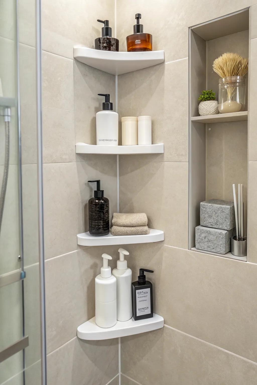 Corner shelves utilize otherwise unused space effectively.