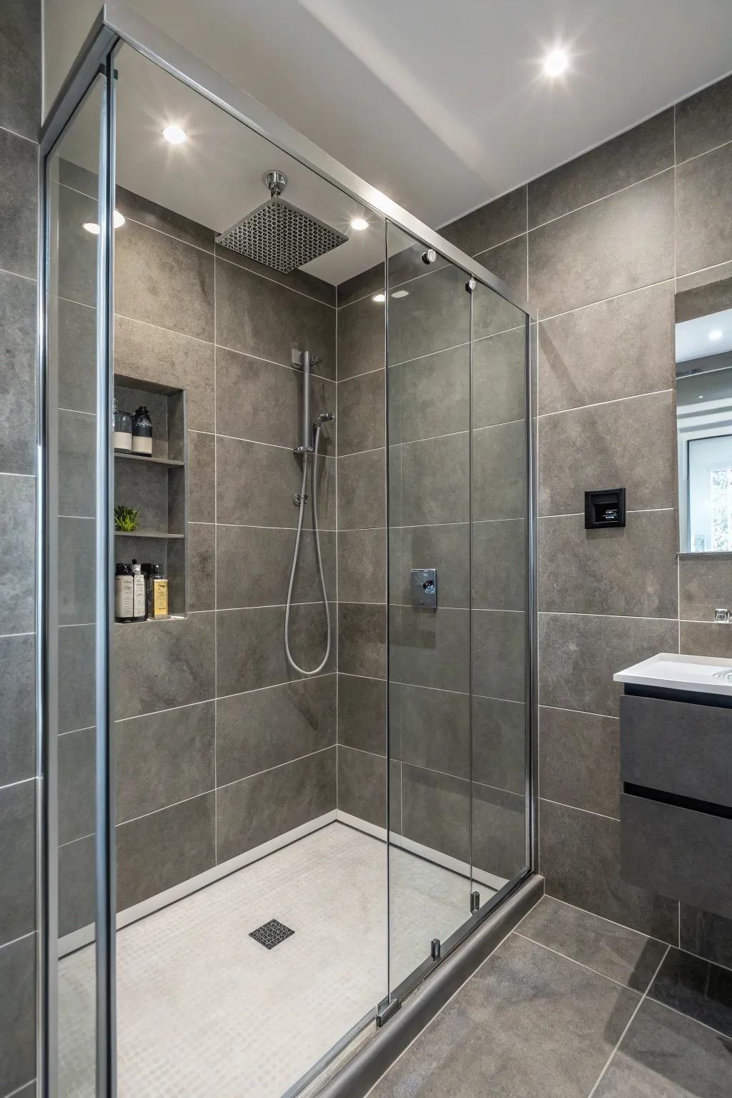 Elegant grey tiles crafting a modern shower setting.