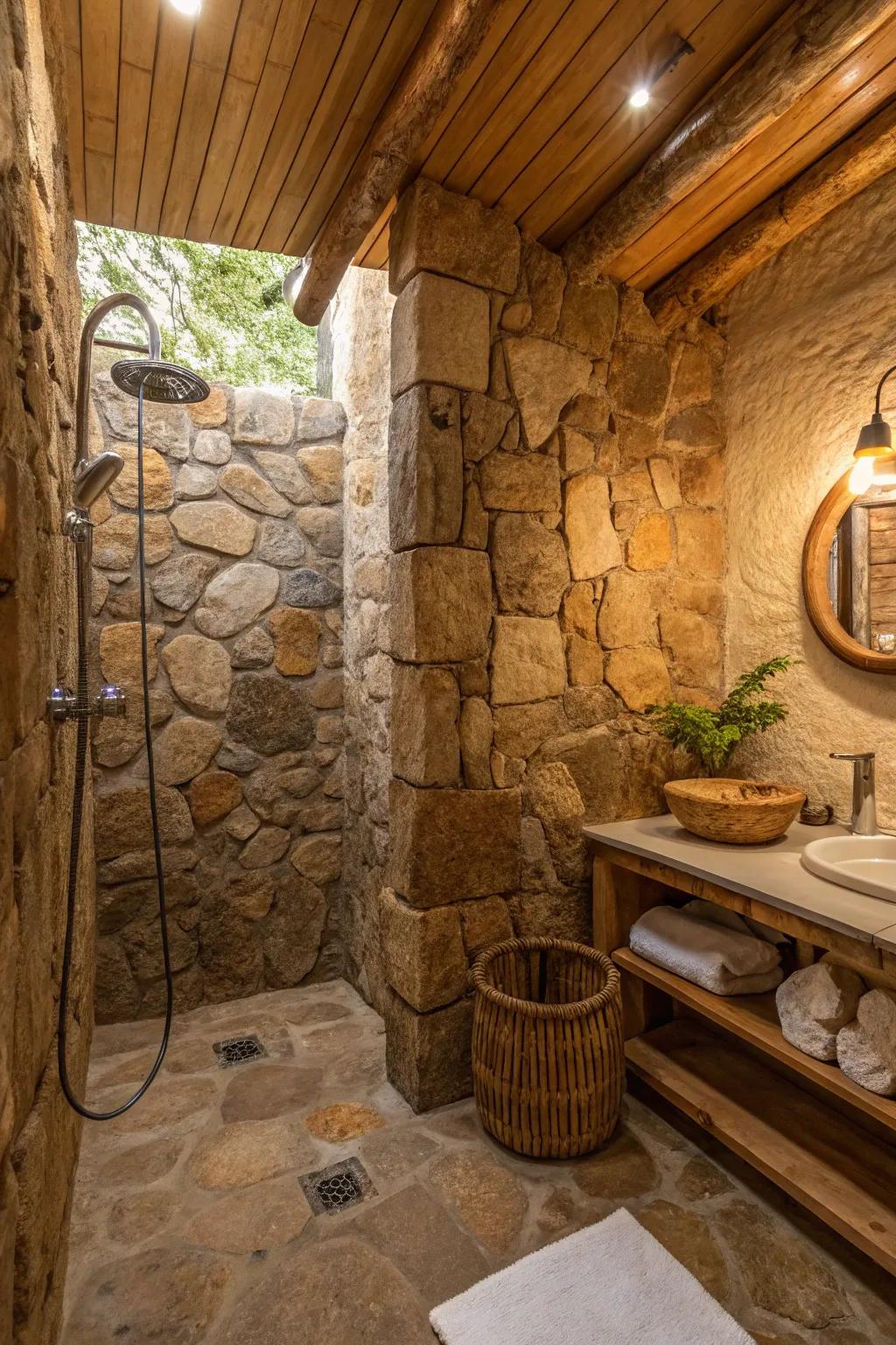 Genuine stone walls give a rustic charm to your shower area.