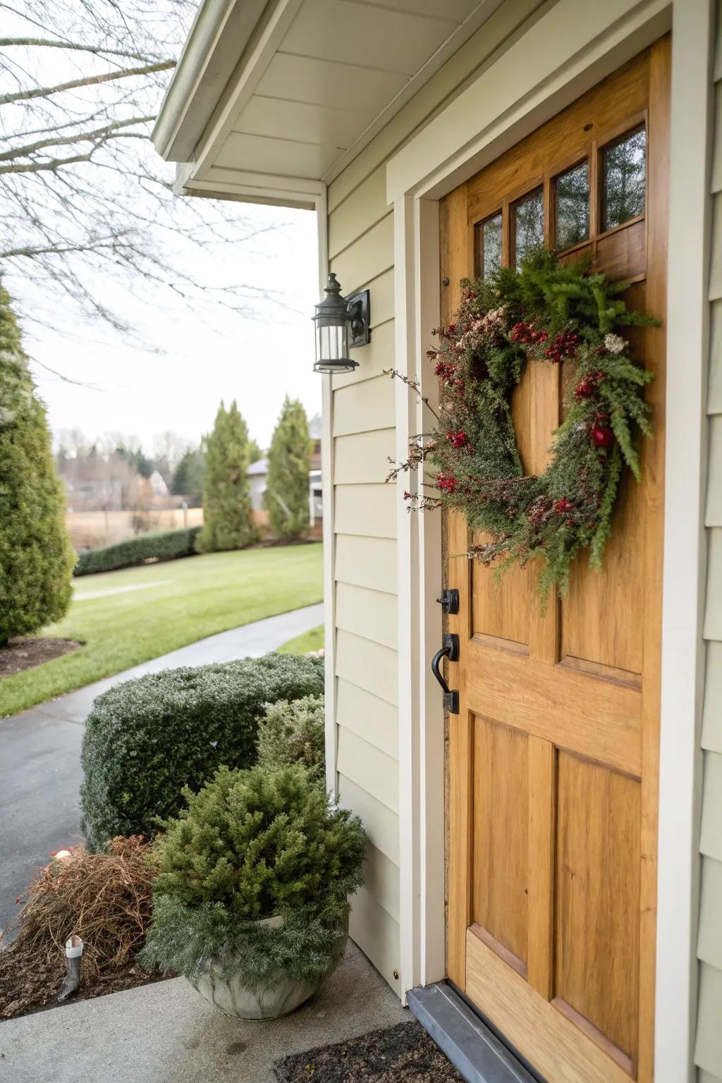 A side door highlighted with a lovely seasonal wreath.
