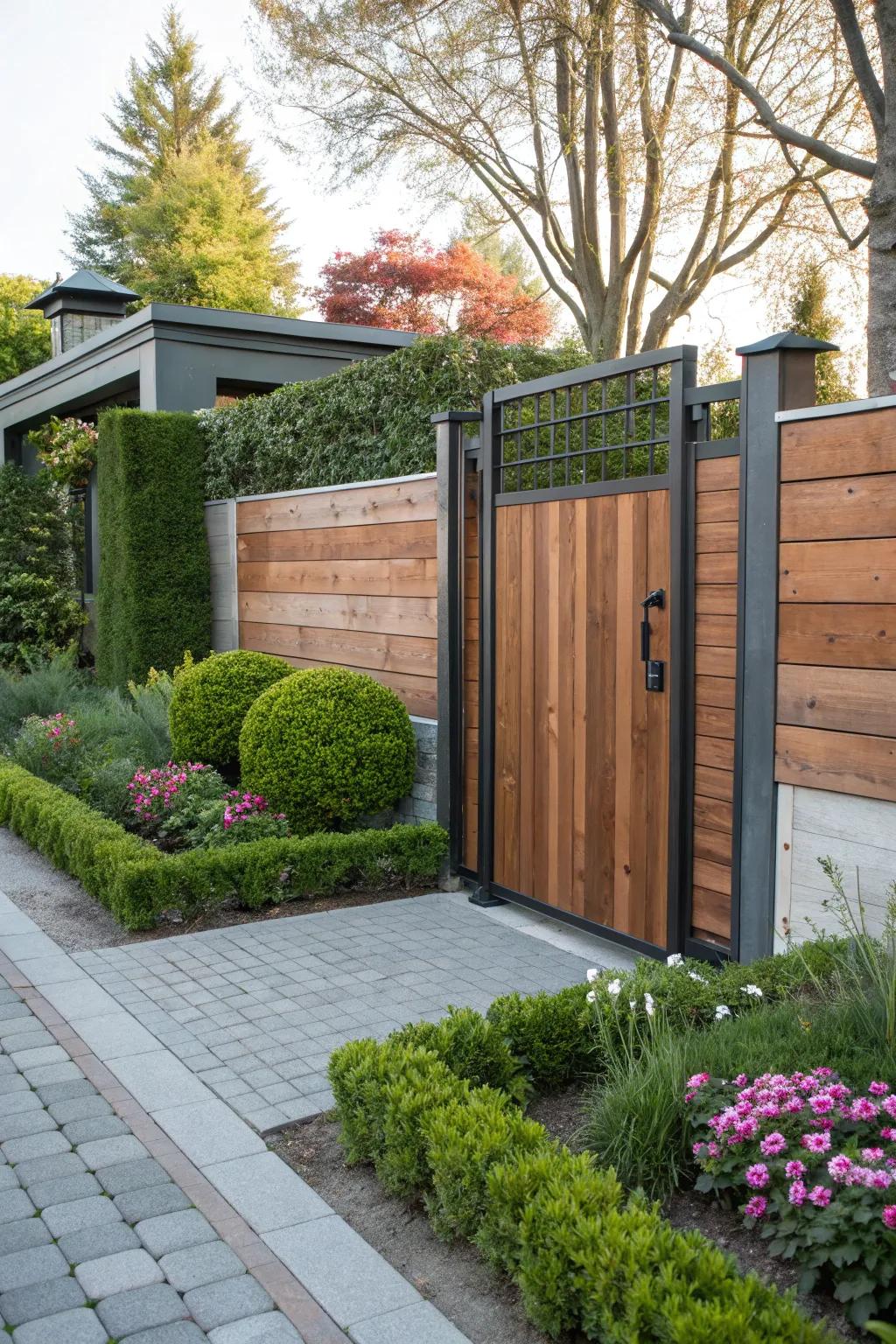 A side gate where the warmth of wood meets the cool strength of metal in perfect harmony.