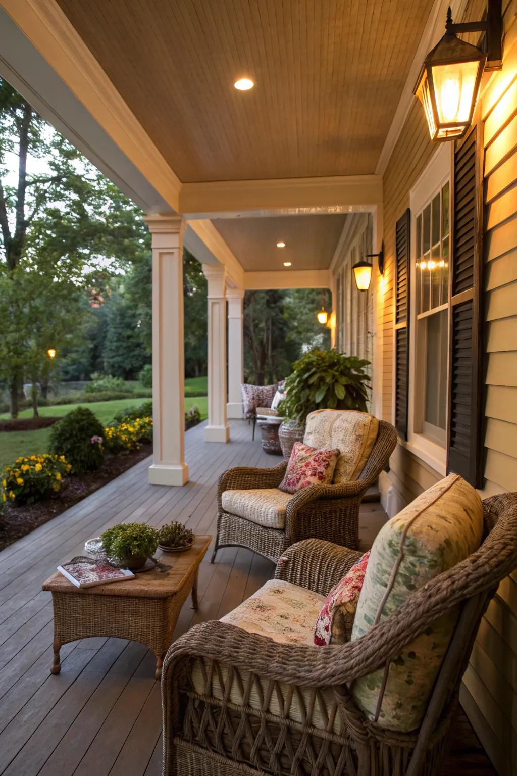 A cozy seating corner is ideally suited for unwinding on the side porch.