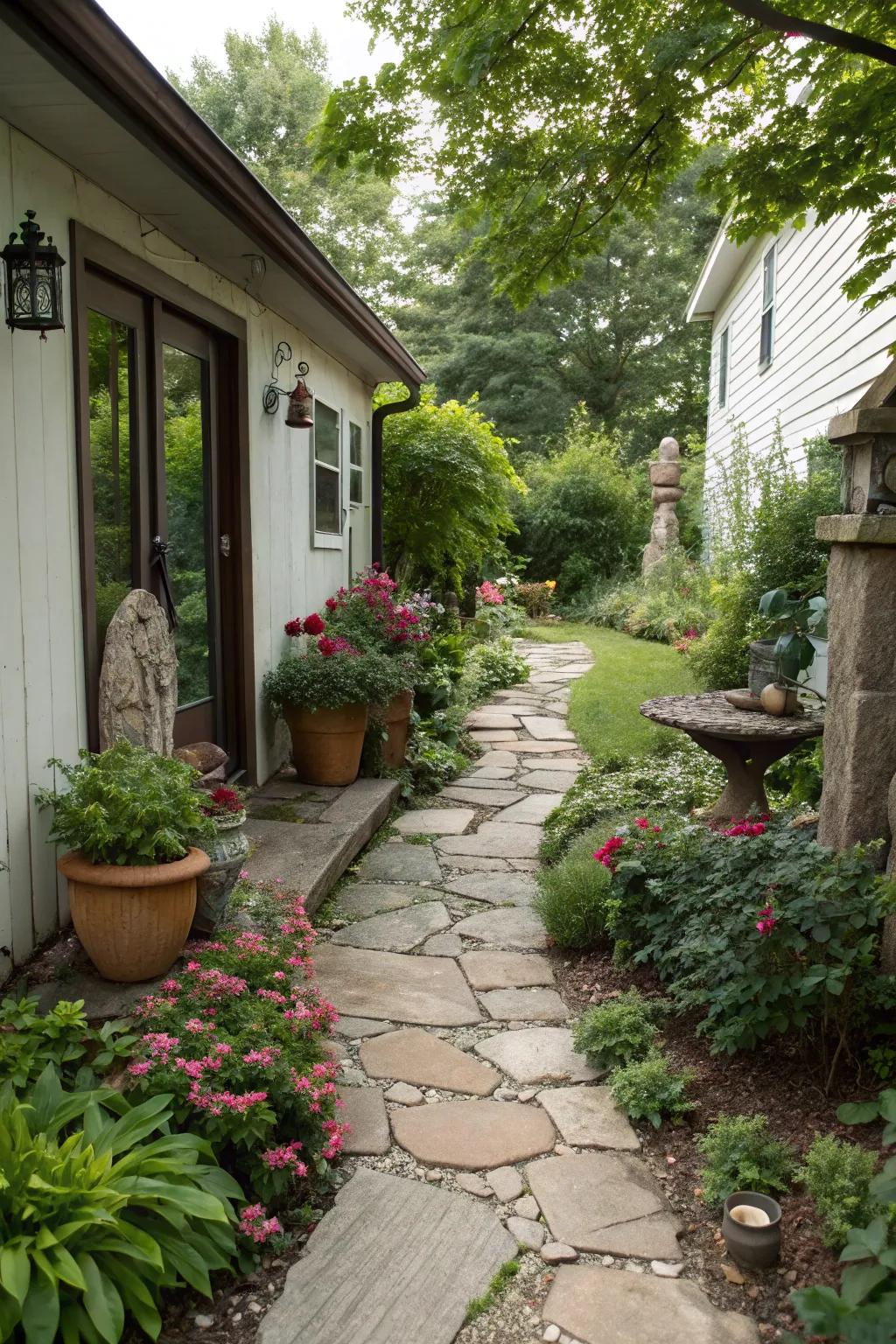 Design a charming journey across your side yard with a stone walkway.