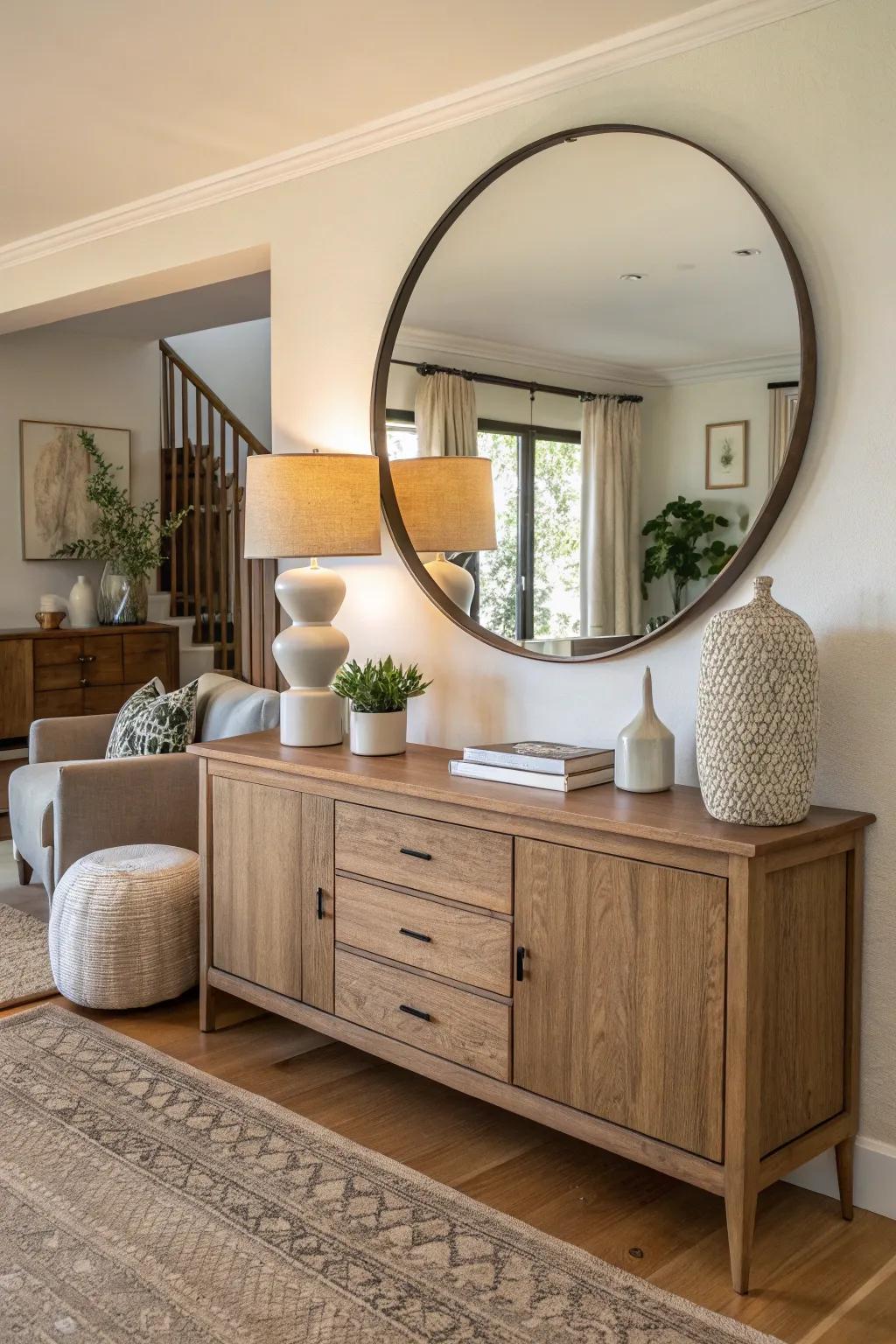 A credenza is made more beautiful with a large orbital reflector, increasing the depth and brightness of a comfortable setting.