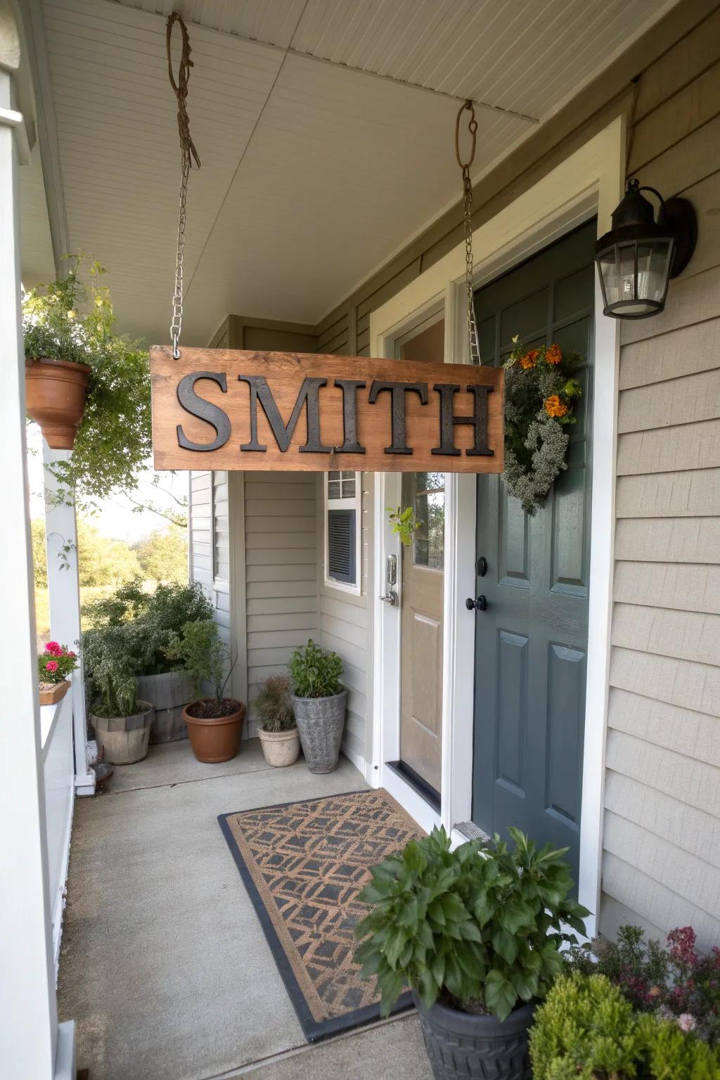 A front porch featuring a personalized timber family name display beside the door.