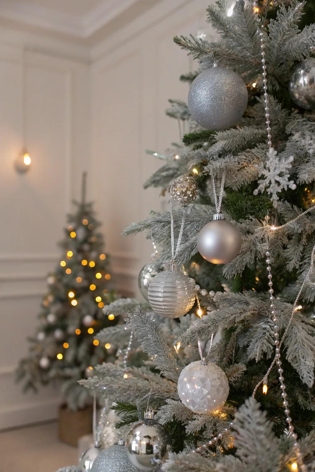 A silver Christmas tree is the heart of holiday elegance.
