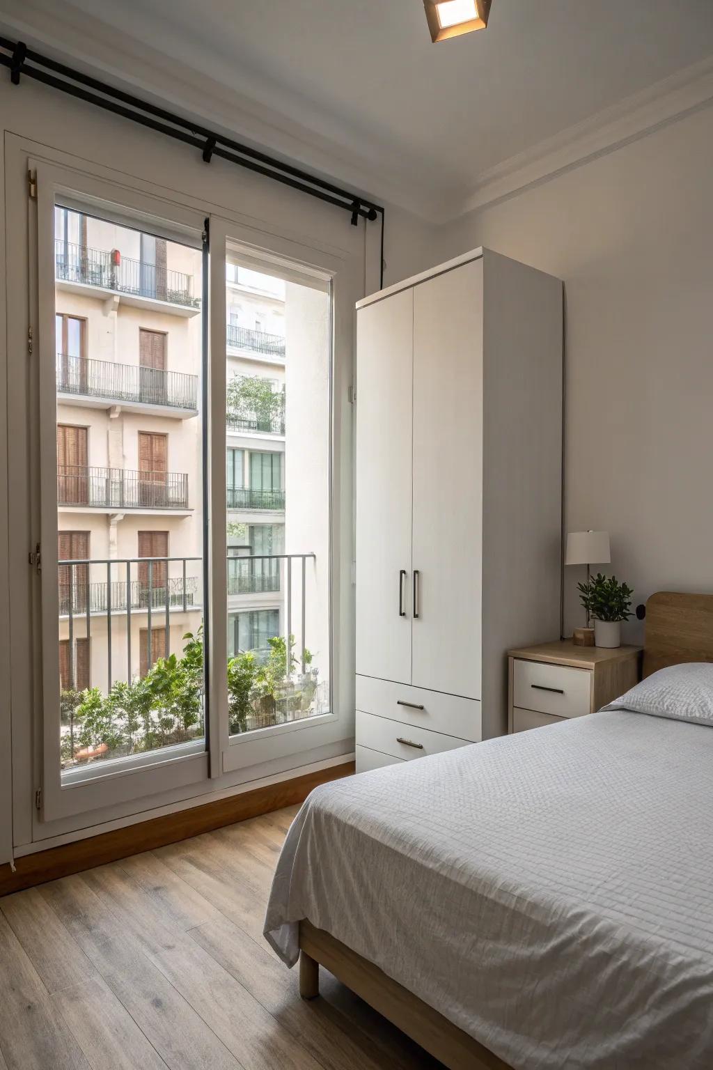 Simple bedroom style leading out to a peaceful balcony.