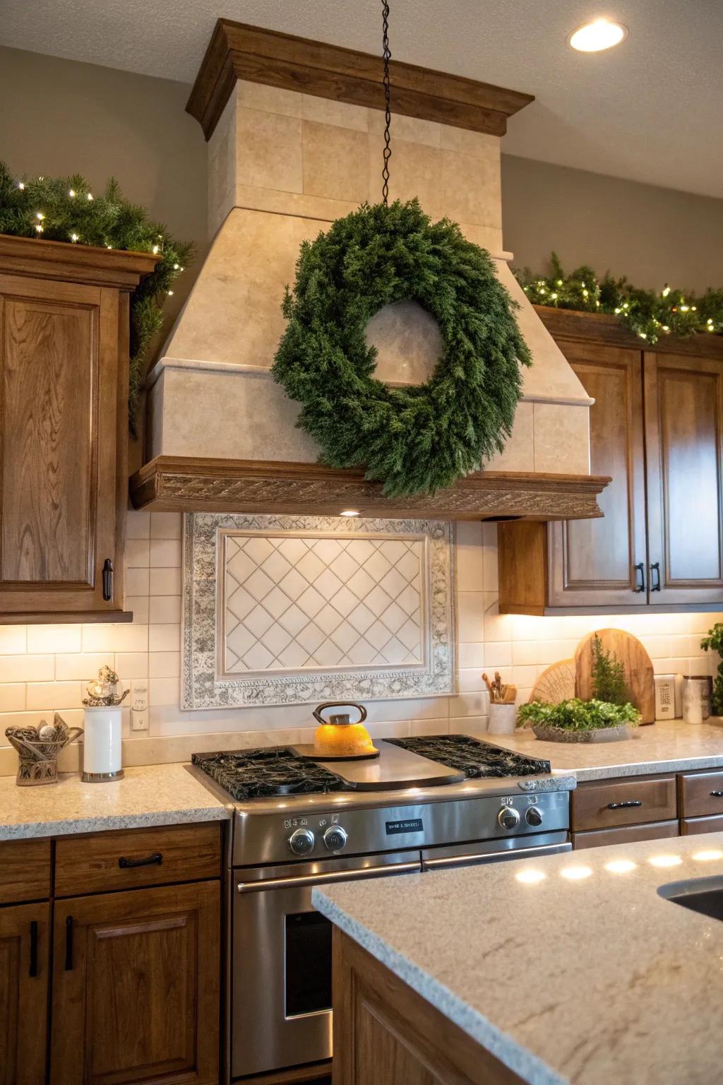 A verdant festive loop gives a holiday nuance to the cooking area.