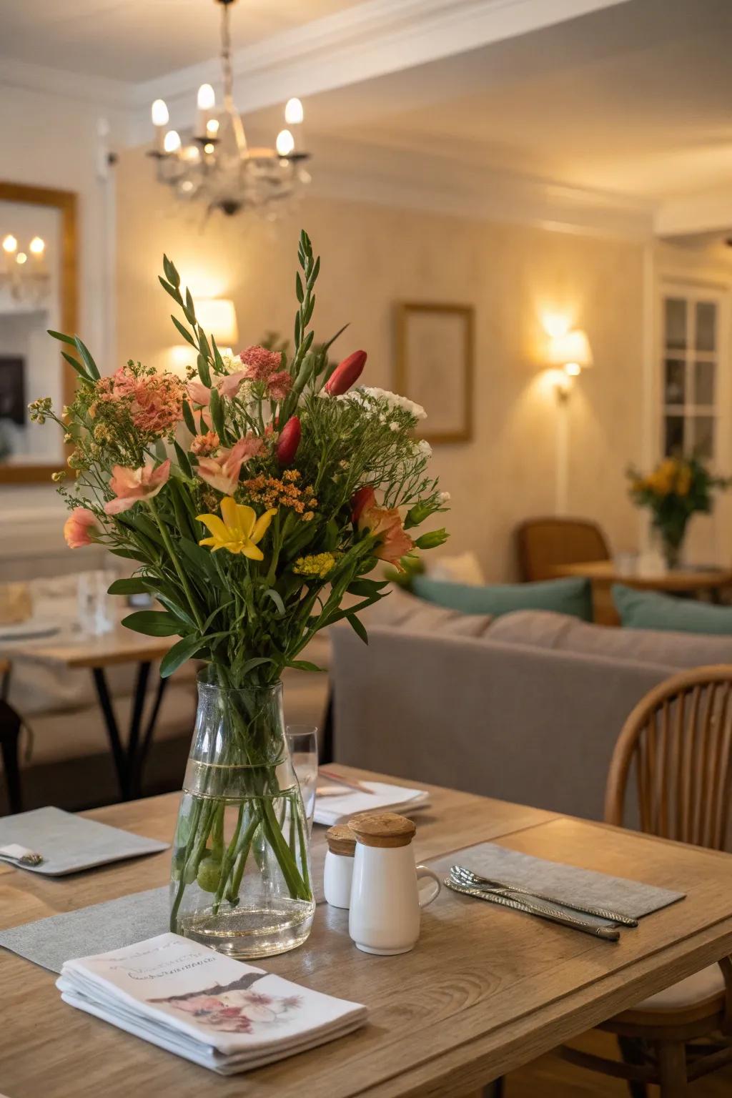 A minimalist vase centerpiece enhances the table's elegance.