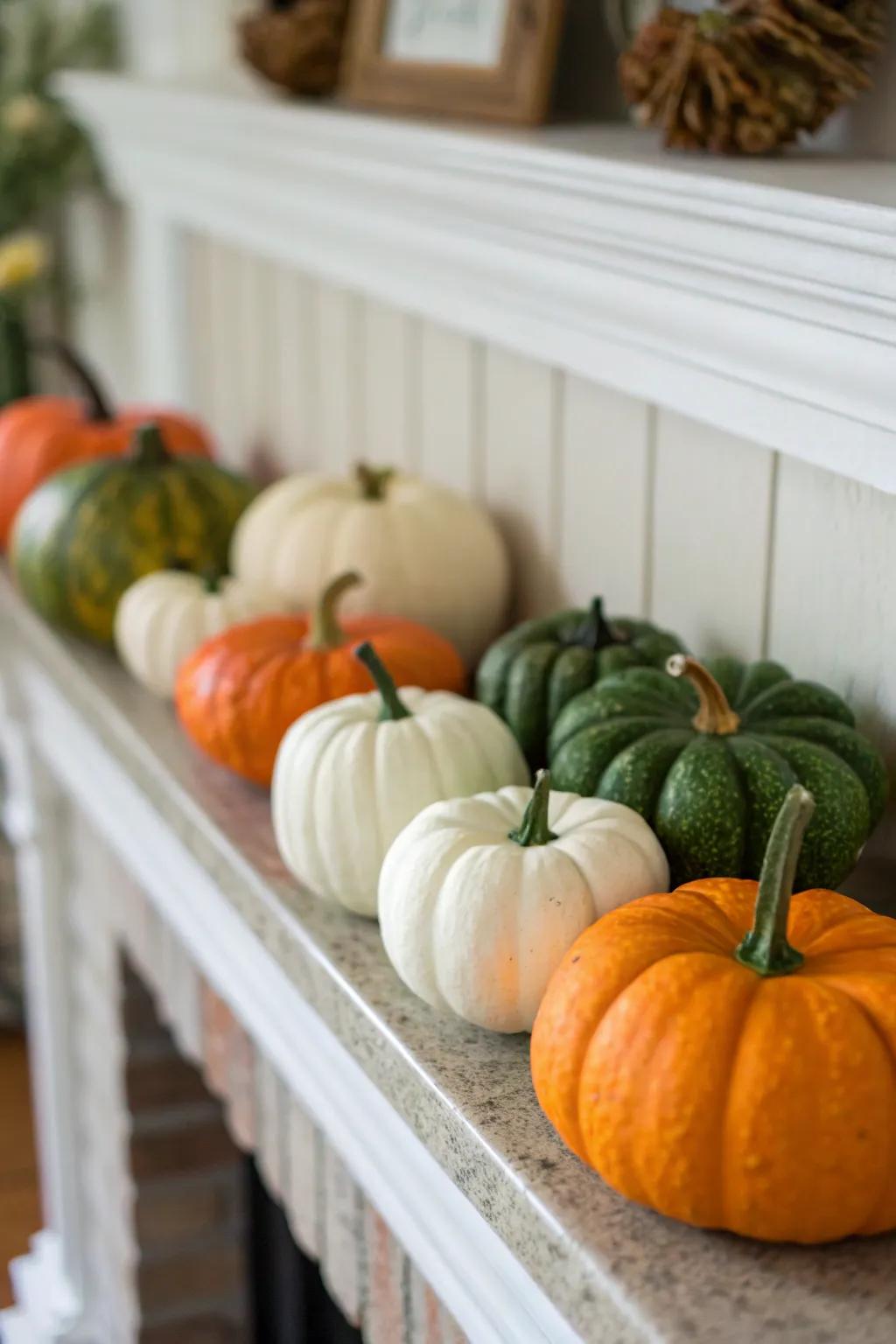 A delightful selection of miniature gourds adorning the mantel.