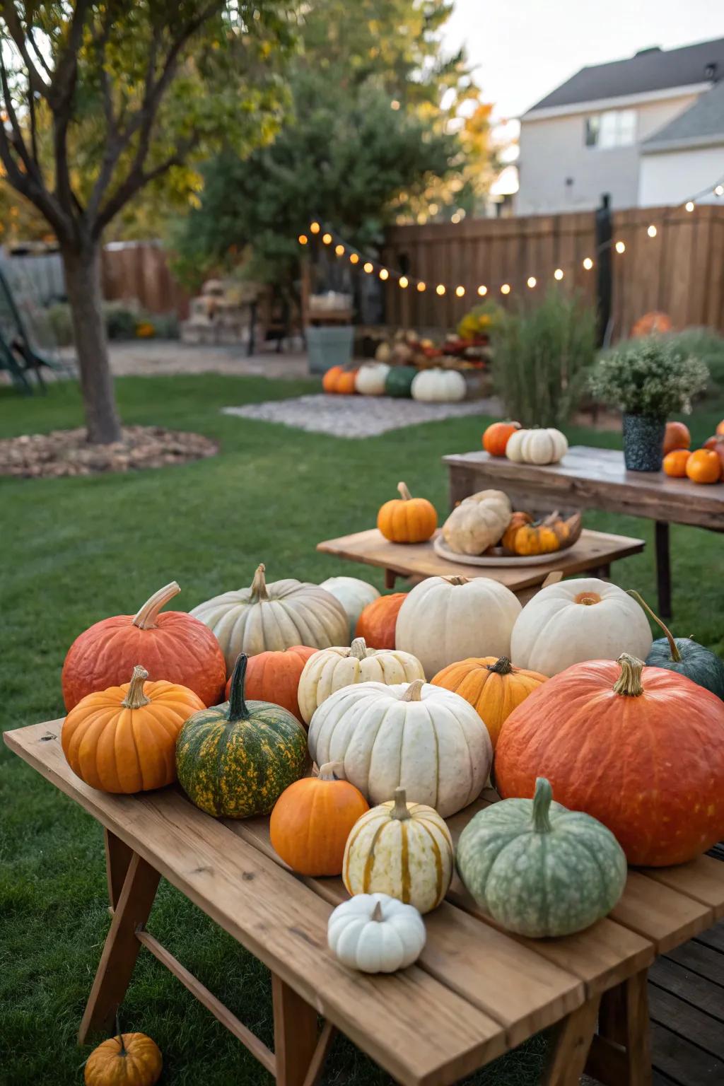 Varied hued gourds styled for a beautiful seasonal background.