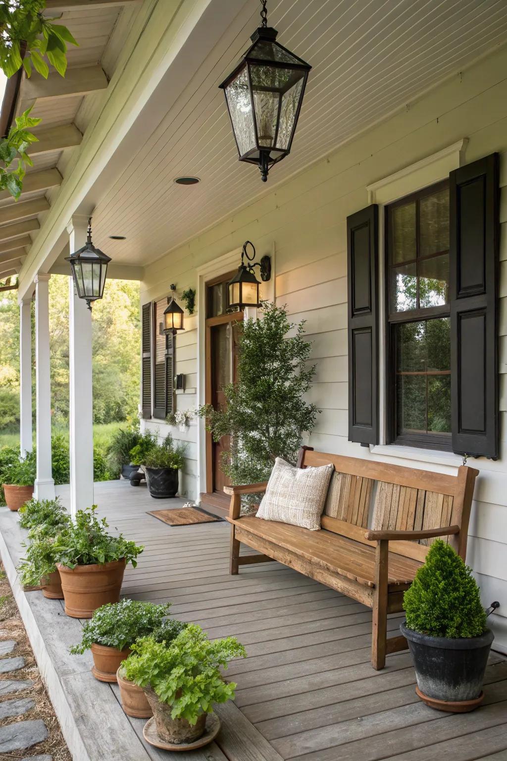 An inviting farmhouse entrance veranda tempting you to pause and ease up.