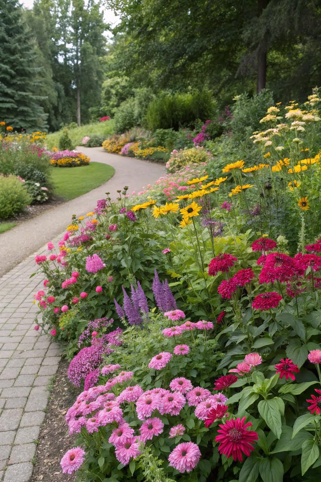 A bright flower bed showcasing a mix of long-lasting plants and annuals.