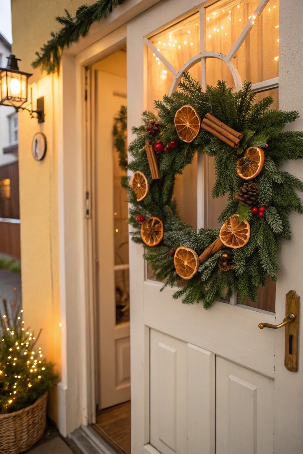 A one-of-a-kind wreath showcasing cinnamon and oranges, creating a cozy, inviting atmosphere.