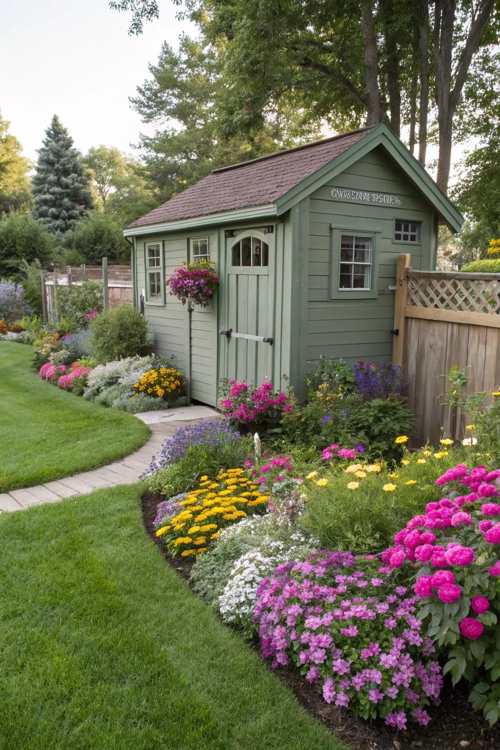 A burst of floral color can quickly enhance the charm of your shed.