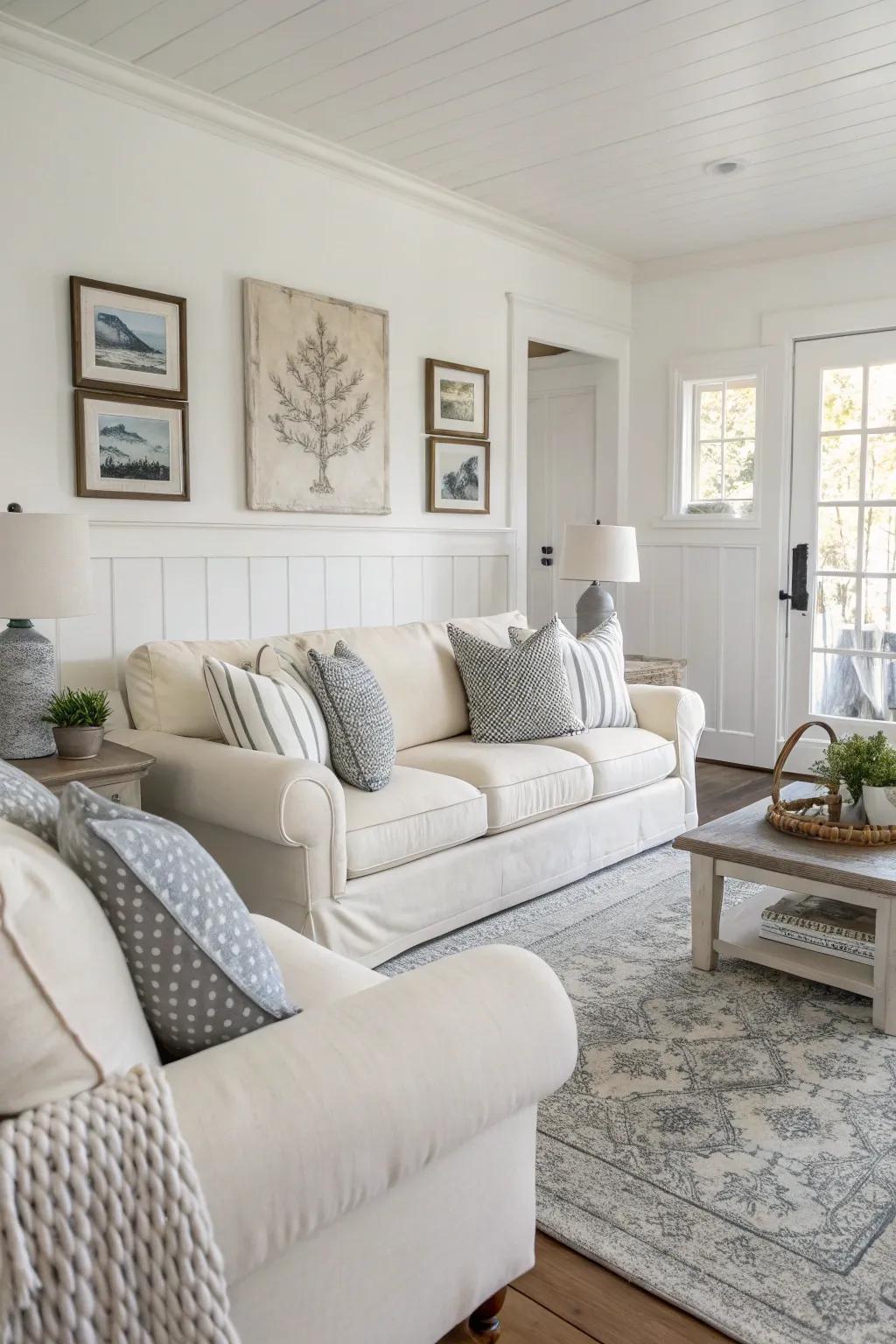 For a tranquil living area, a neutral color scheme establishes the atmosphere.