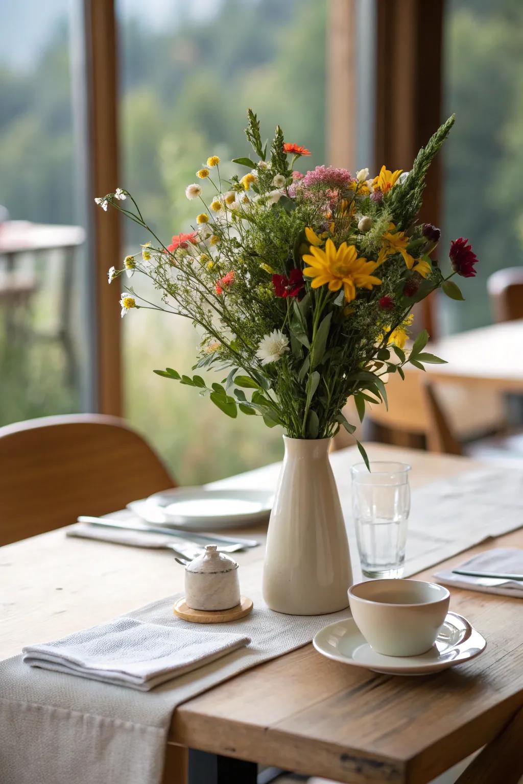 A vibrant floral centerpiece brings a lively feel to the lunch table.