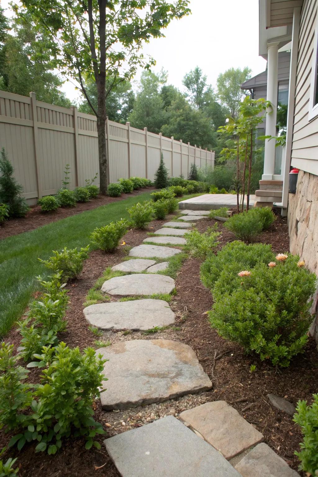 A basic stone pathway transforms the house's side into an appealing passage.