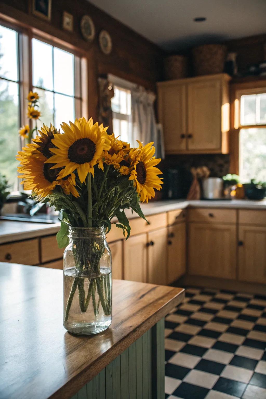 Sunflowers in a vintage jug radiate countryside beauty in any cooking space.