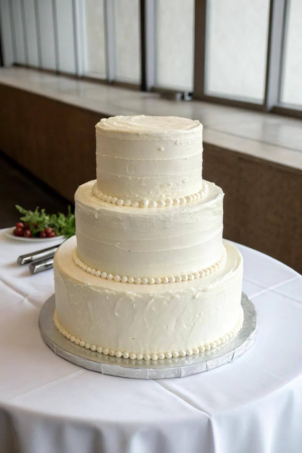 A minimalist wedding cake allows the special day to be the main attraction.