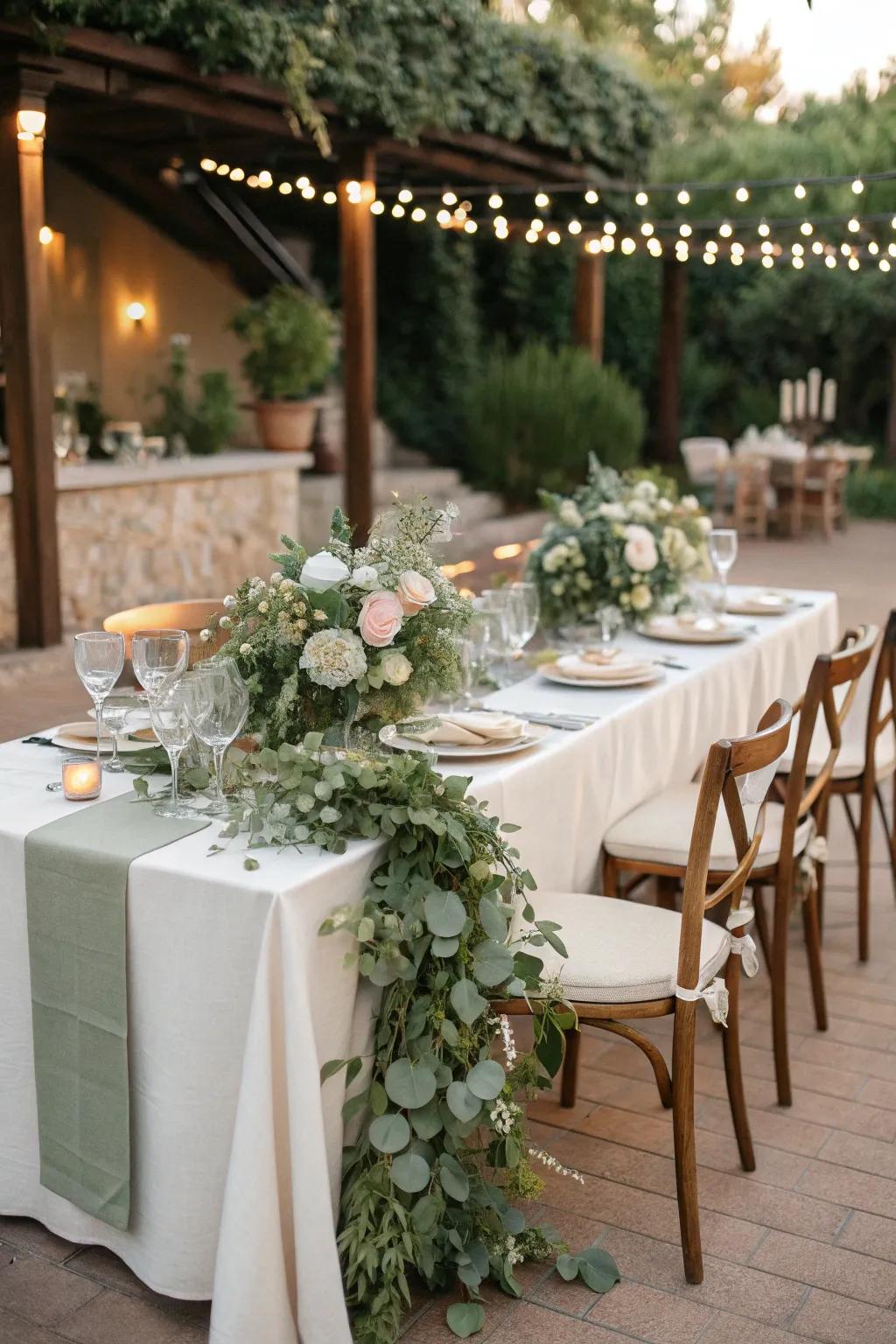 Abundant greenery and sophisticated floral centerpieces.
