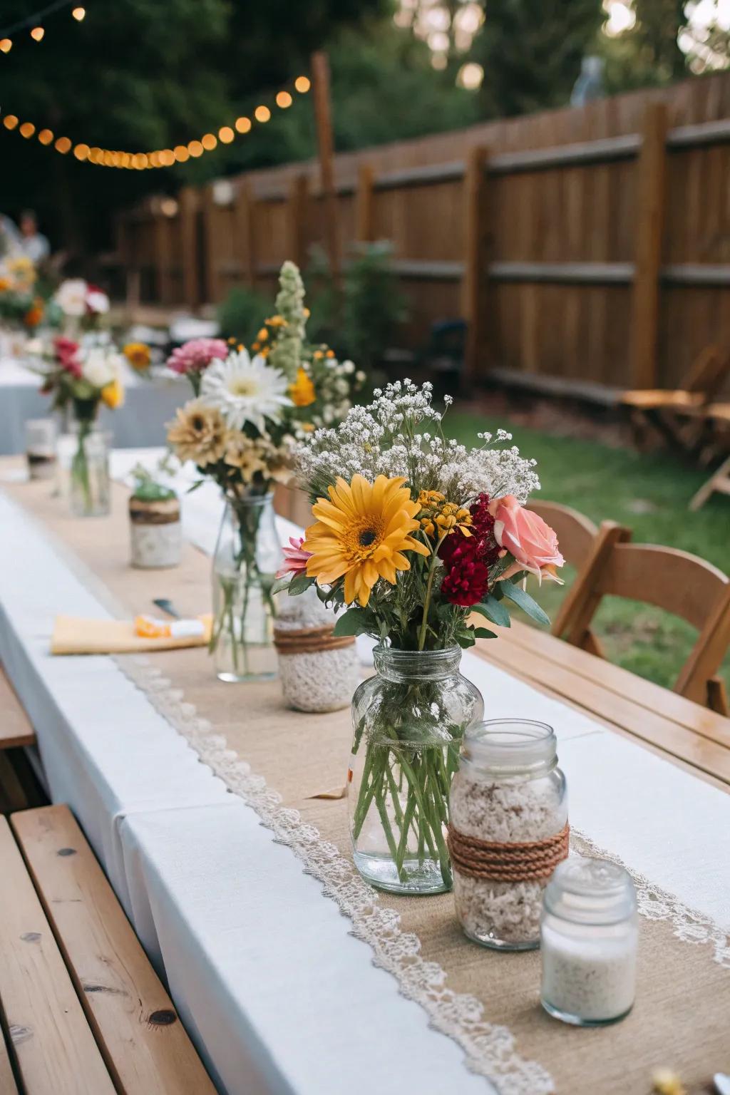 Preserving jars filled with seasonal blooms make for lovely wedding centerpieces.