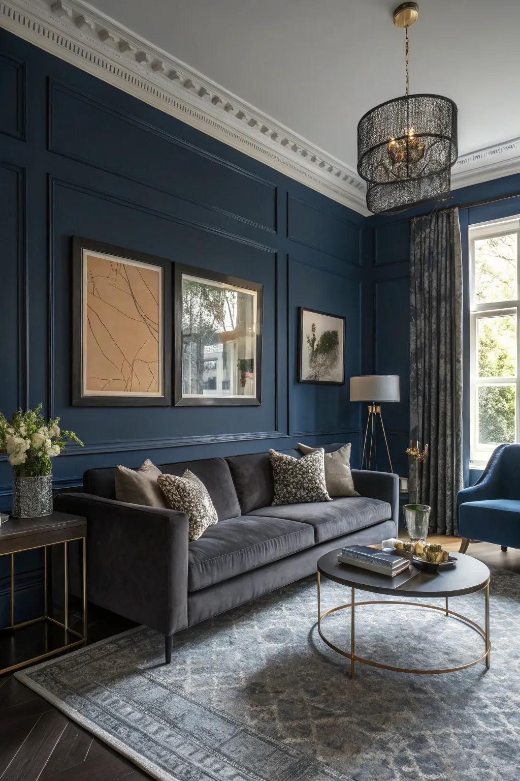 A living room showcasing the sophistication found in a dark-toned palette.