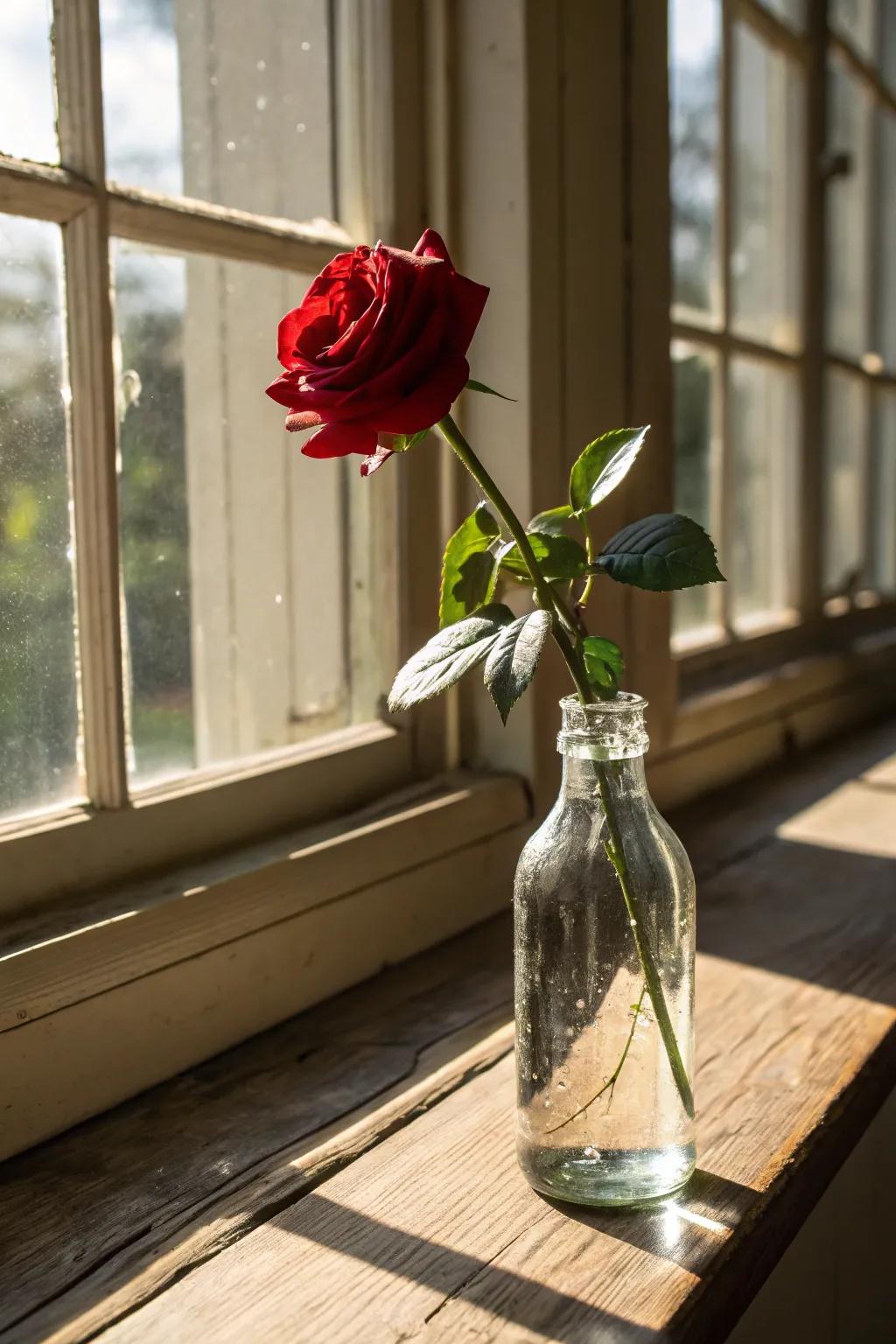 A solitary rose presented in a glass bottle radiates vintage charm.
