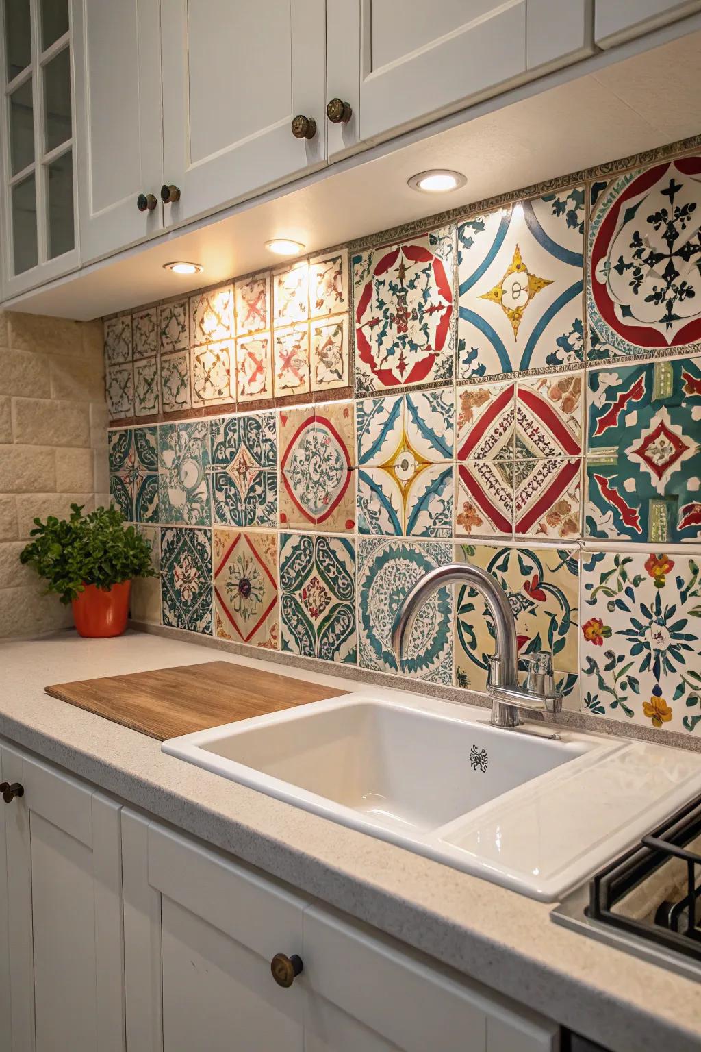A lively backsplash with elaborate patterned tiles brings individuality to the kitchen.