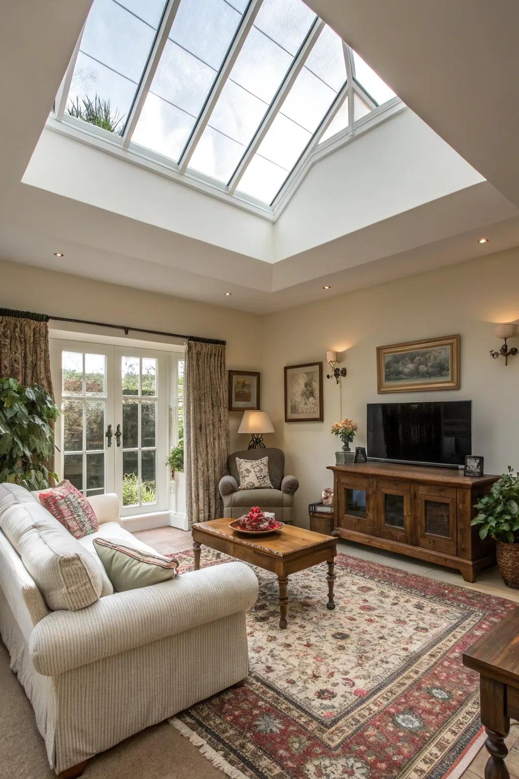A comfortable living space bathed in light from a wide skylight.