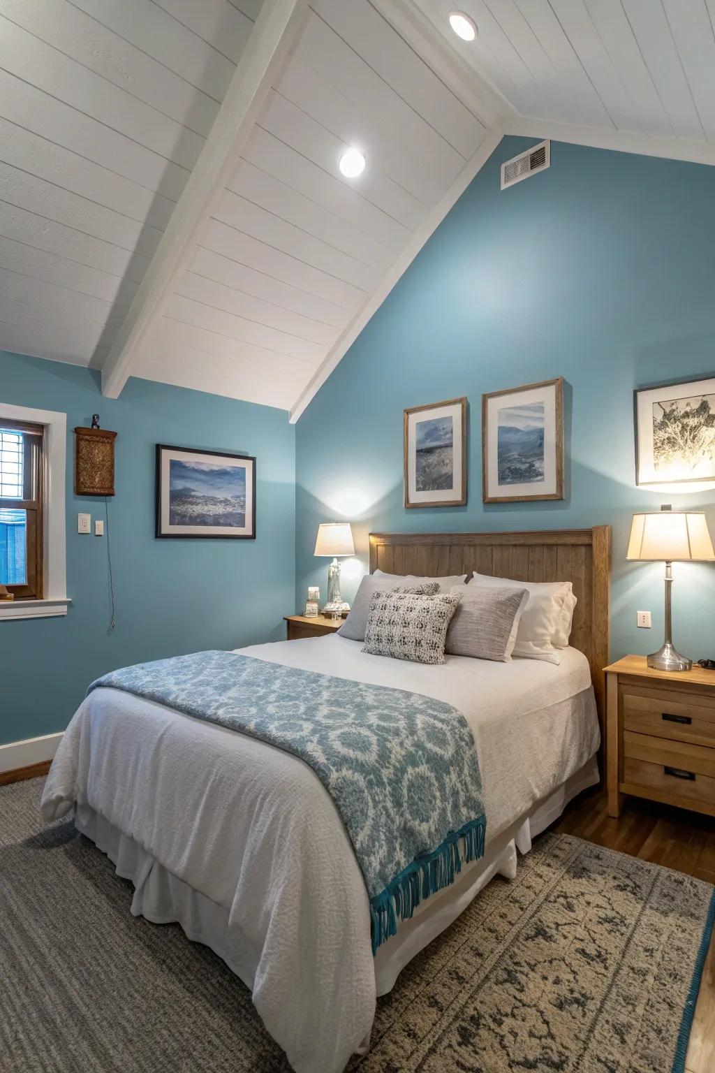 A consistent color choice lends an airy, spacious feel to this bedroom with its angled ceiling.