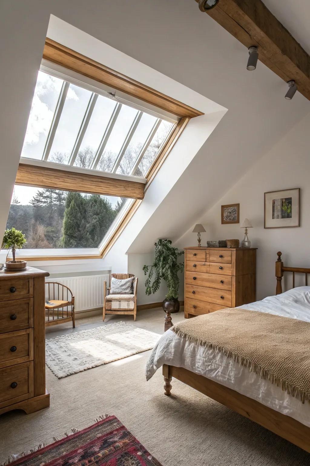 An attic bedroom has a large roof window that floods the area with sunlight.