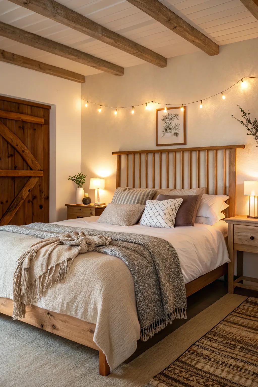 A serene bedroom showcases a wooden-look headboard, infusing the space with warmth and tactile appeal.