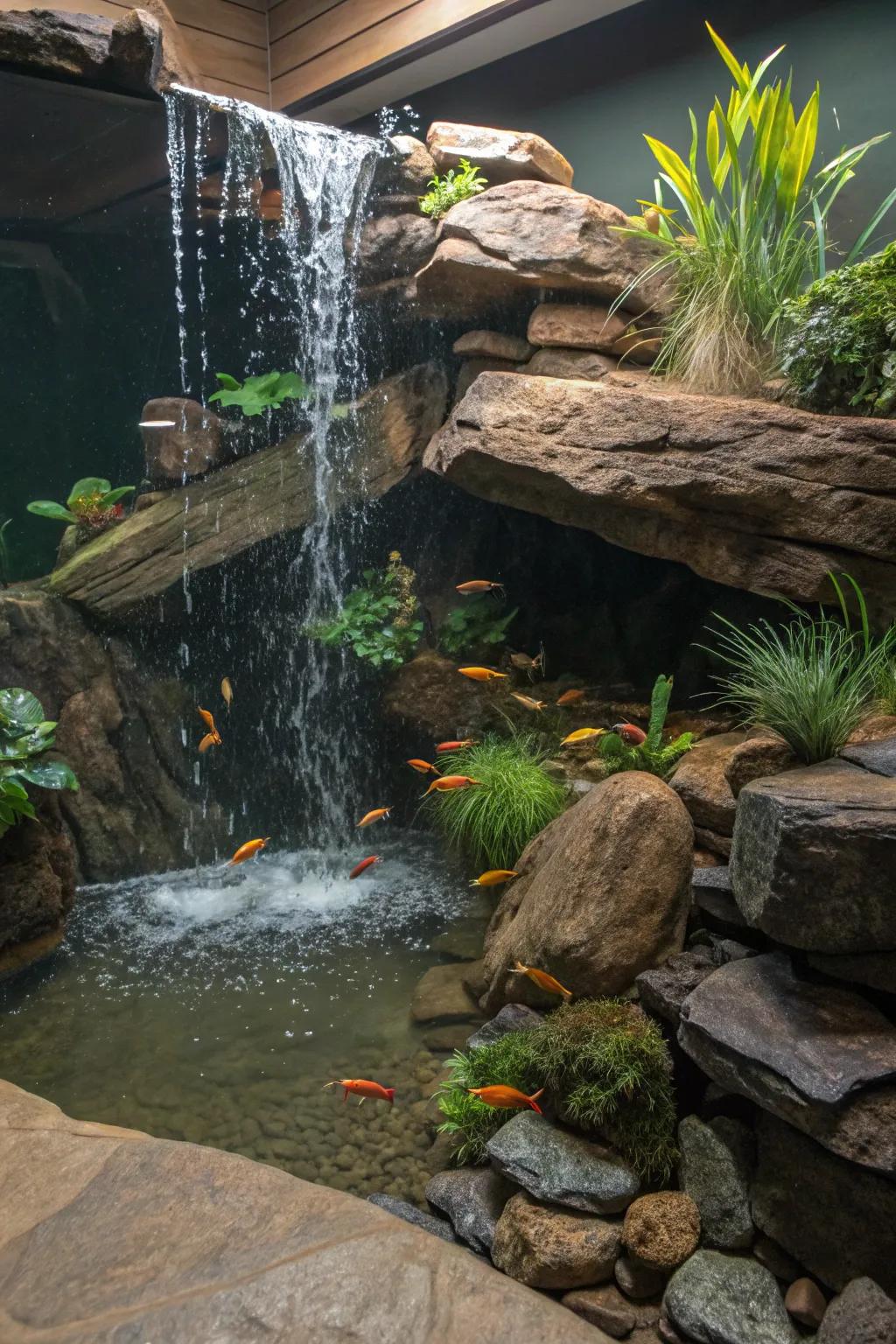 A placid slate cascade gracing a home aquarium.