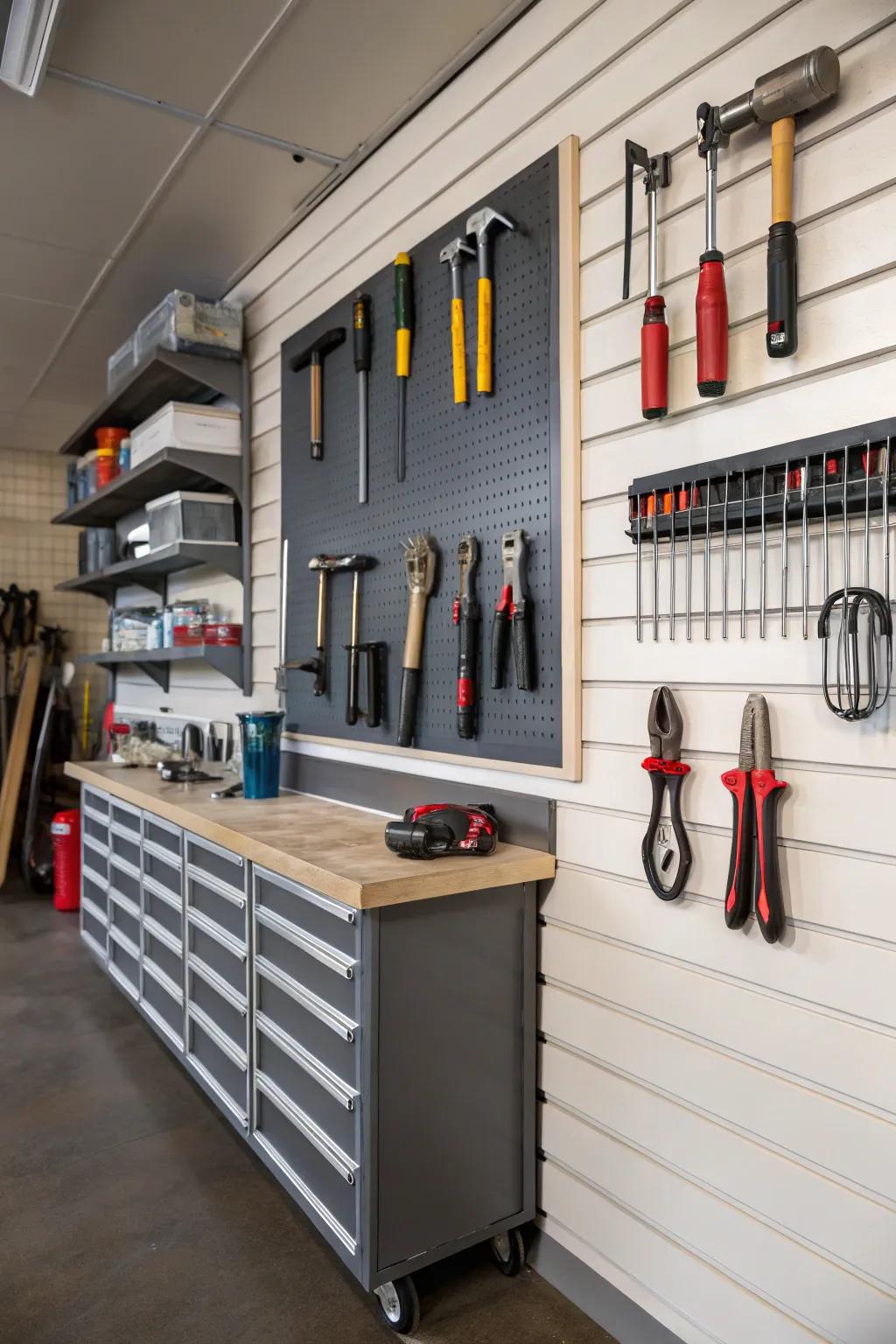 A slatwall changes a messy tool corner into an organized tool station.