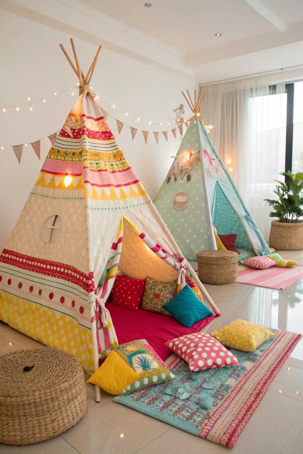Teepees offer a unique personal space for each child, making the sleep-under unforgettable.