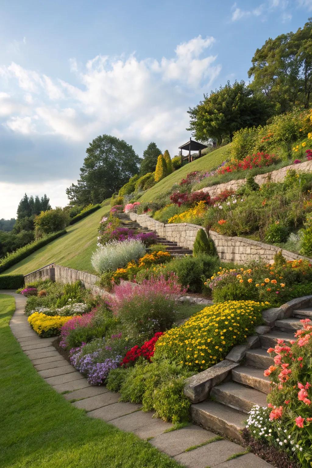 Layered planting areas contribute depth and structure to this captivating slope.