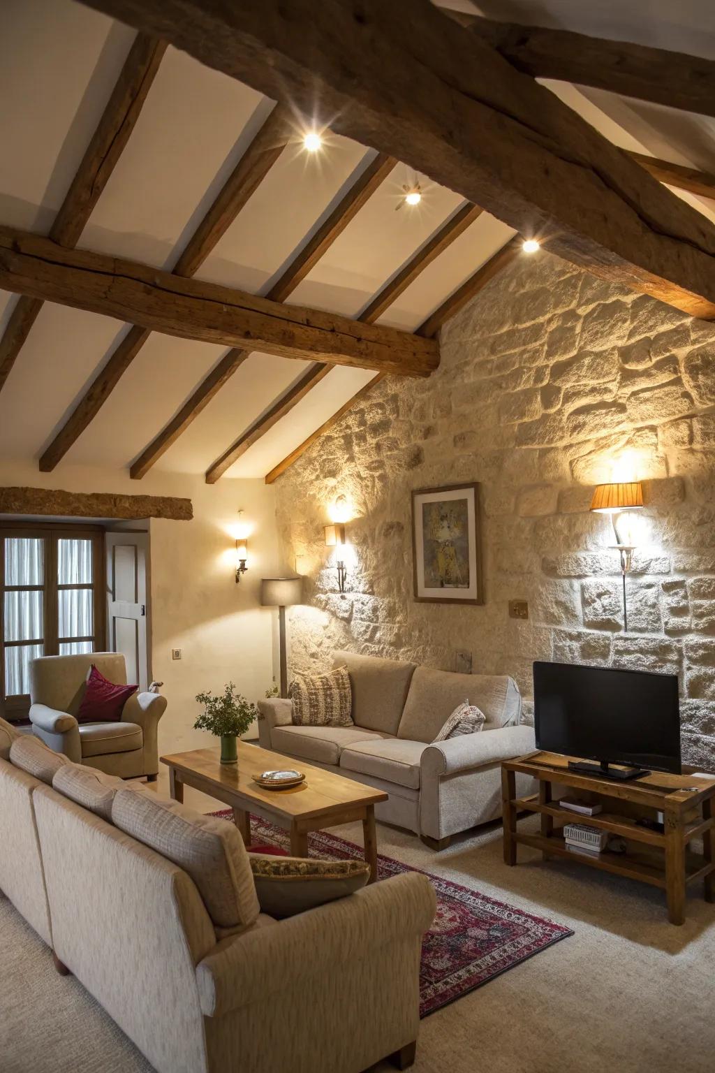 Craft a welcoming ambiance by utilizing spotlights to accentuate exposed beams.